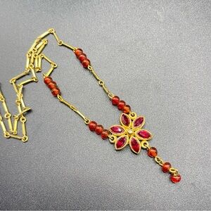 Vintage BONNIE J Gold Tone Red Floral Drop Necklace 15”+2”